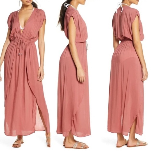 New Elan Crossover Deep V Neck Maxi Dress Swim Cover Up Vacation Rose Pink Sz M - Picture 1 of 13